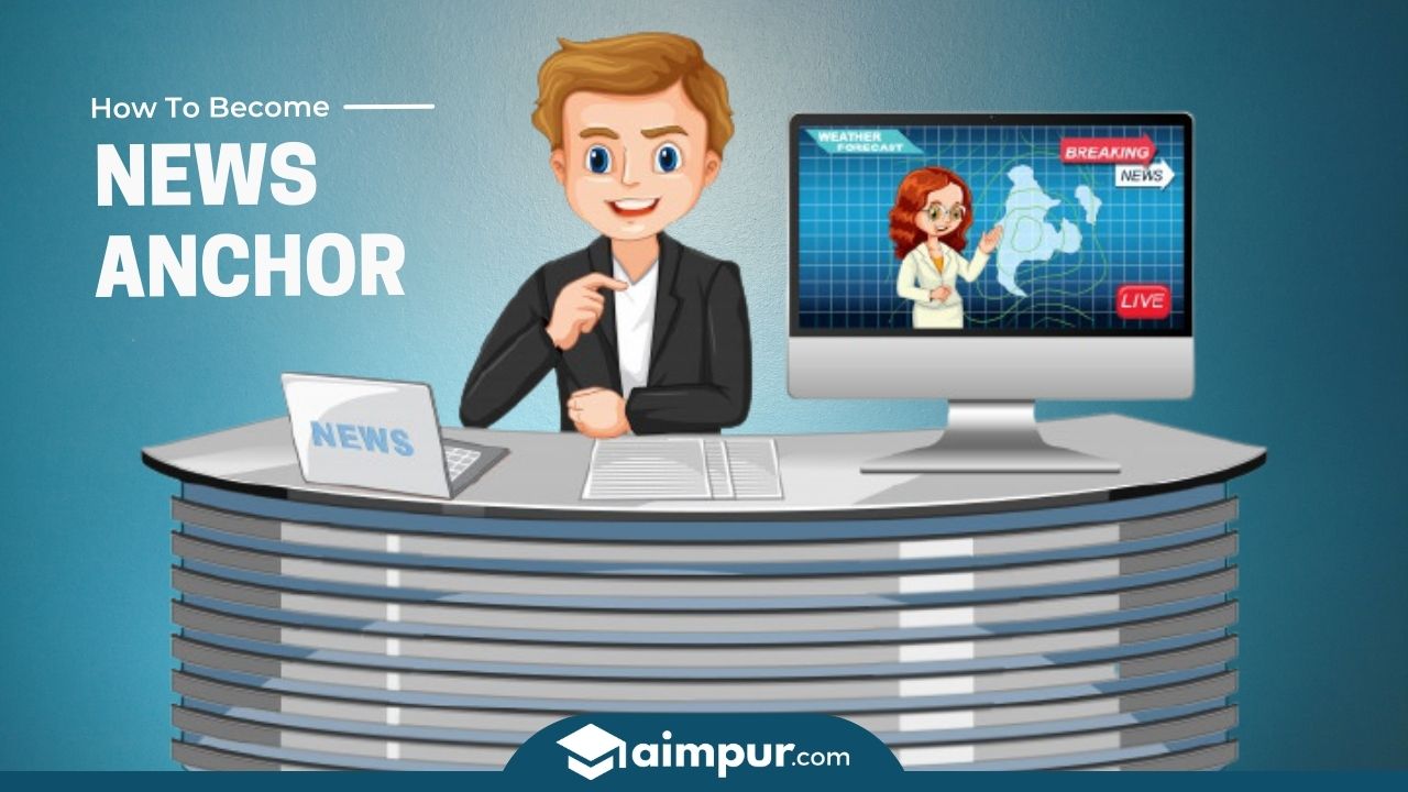 How to become news anchor. A news anchor read news in his newsroom. In screen image sign's news.